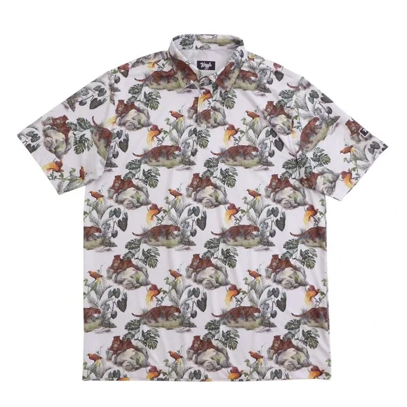 Waggle Mens Polo Golf Shirt White Leopard Bird Jungle Tropical Print Large - Picture 2 of 11